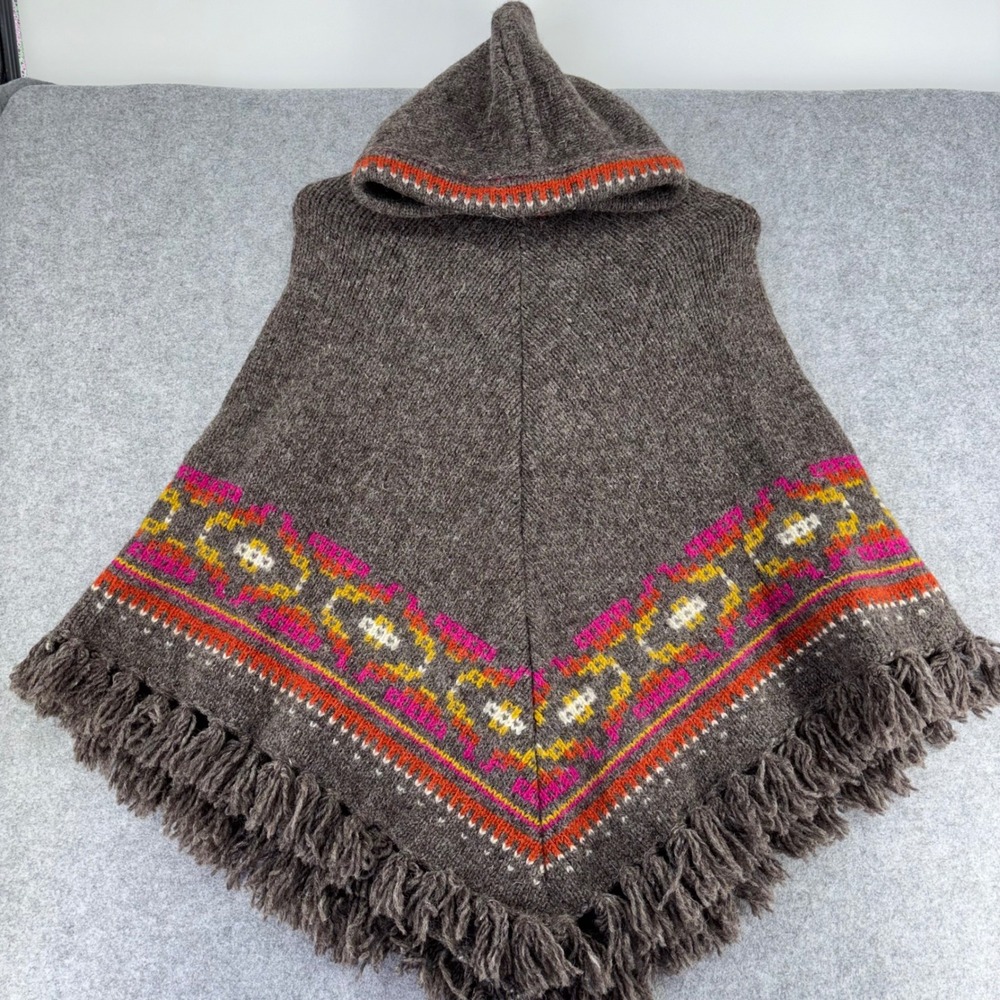 Sherpa Adventure Gear Lambswool Hooded Poncho Brown Fair Isle Fringe SW650 OS